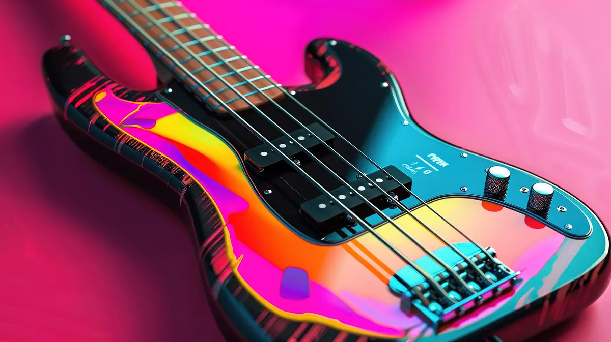 Close-up of a four-string electric bass guitar with a vivid neon pink, orange and teal paint finish against a pink backdrop