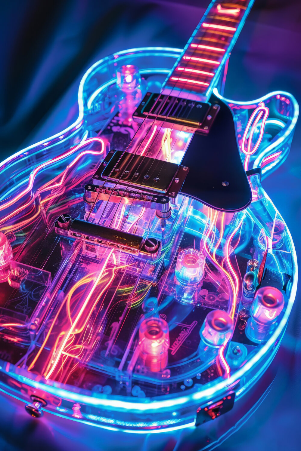 Close-up of a transparent electric guitar illuminated with blue and pink neon lights