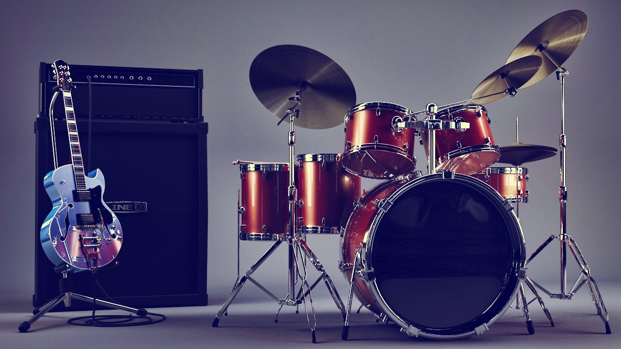 Blue hollow-body electric guitar on a stand beside an amp stack and a red drum kit with cymbals