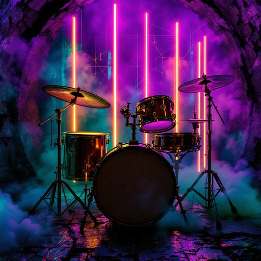 A drum kit lit by glowing neon tubes in a smoky purple and teal tunnel