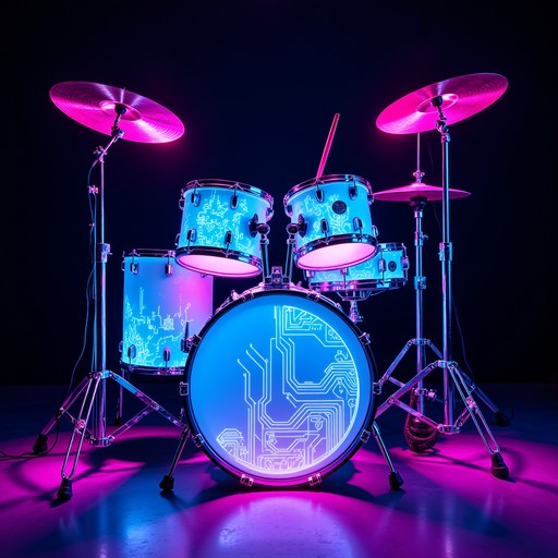 Drum kit with glowing blue circuit-pattern drums and pink-lit cymbals against a dark background