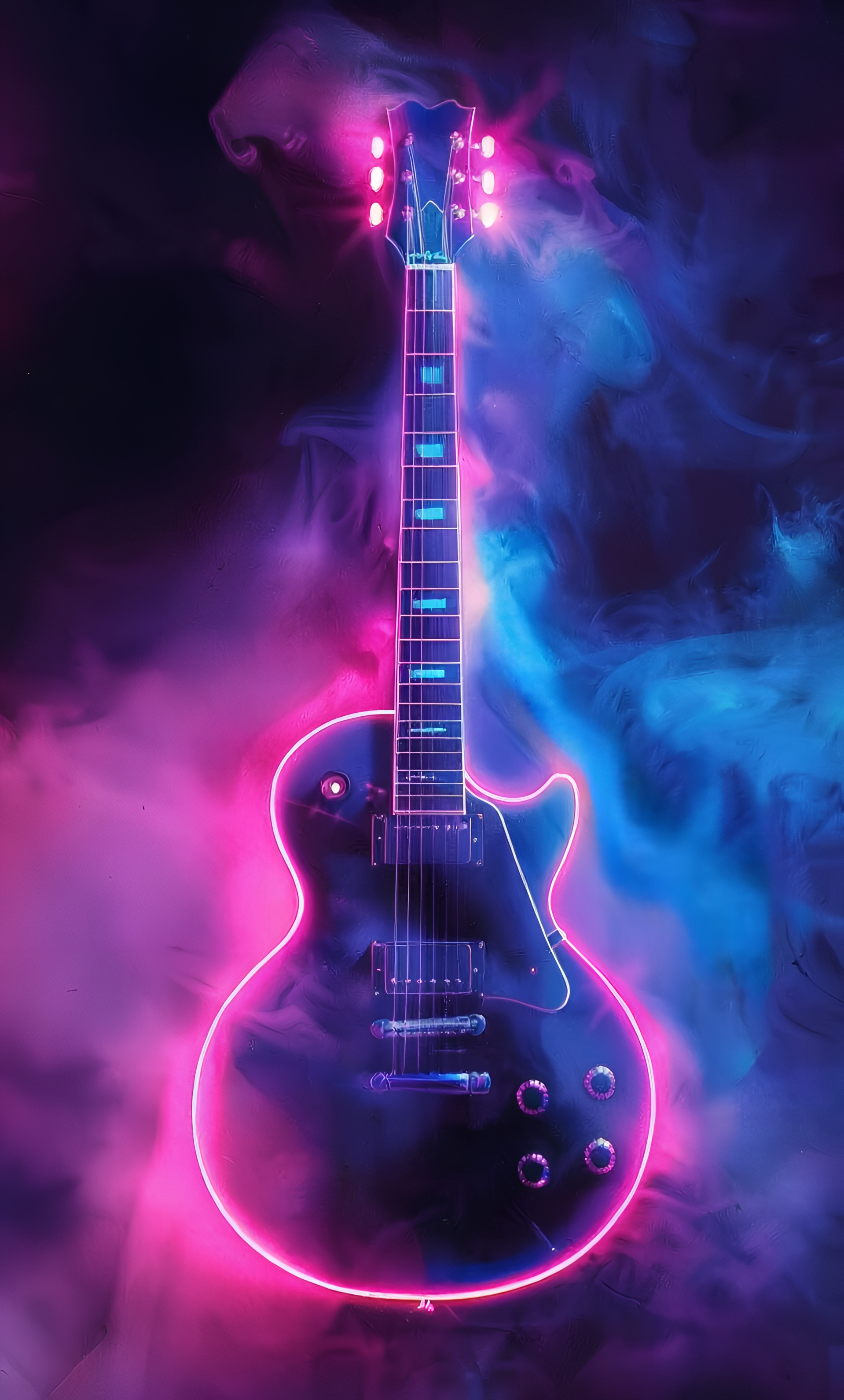 Electric guitar outlined in pink neon light against a blue and purple background