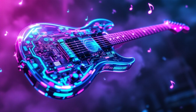 Electric guitar with glowing blue circuit-pattern body and pink neck surrounded by floating music notes against a purple haze