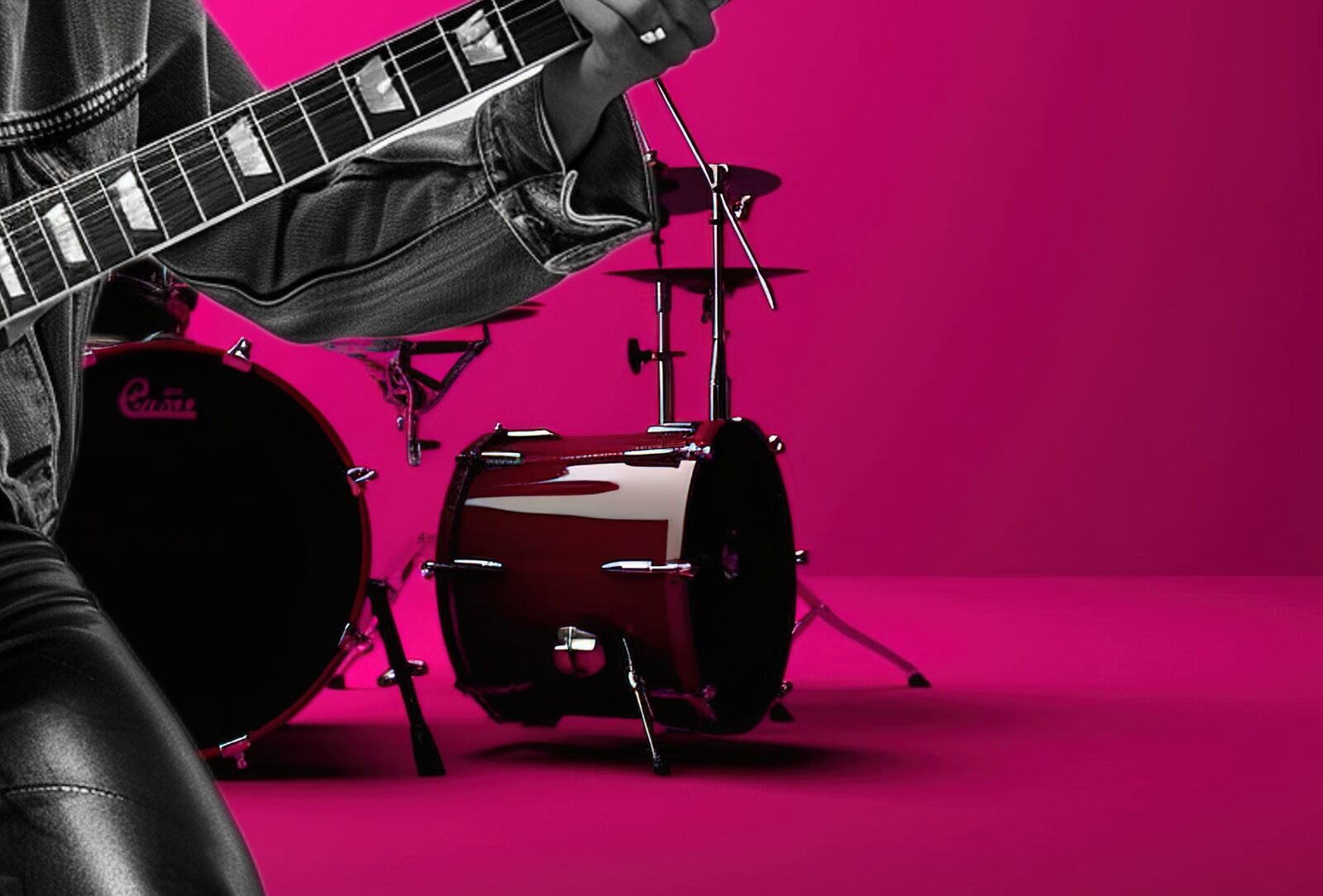 Drum kit with bass drum, floor tom and cymbal set up beside a guitar against a magenta studio wall